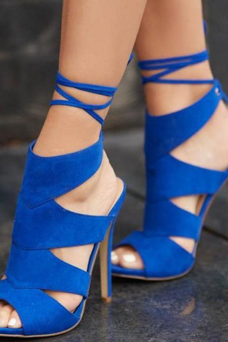 Blue Suede Peep Toe Strap Cutout High Heel Sandals