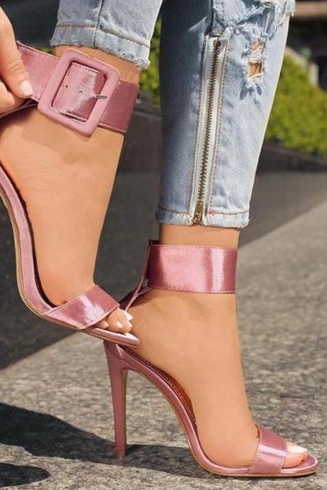 Simple Pink Silk Buckle Open Toe High Heel Sandals