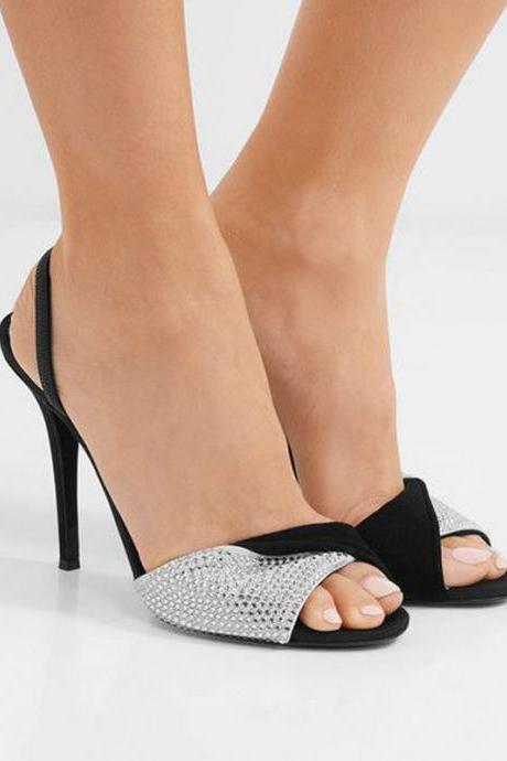 Fashion Black Rhinestone Patchwork Buckle High Heel Sandals