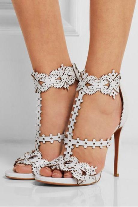 Sexy White Cutout Leather Open Toe High Heel Sandals