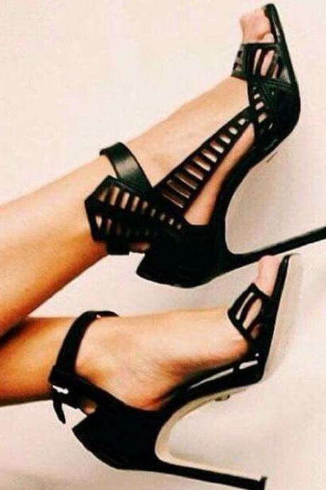Summer Black Leather Buckle Cutout High Heel Sandals