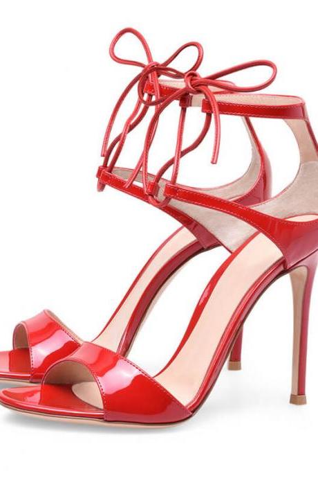 Summer Red Patent Leather Strap Open Toe High Heel Sandals