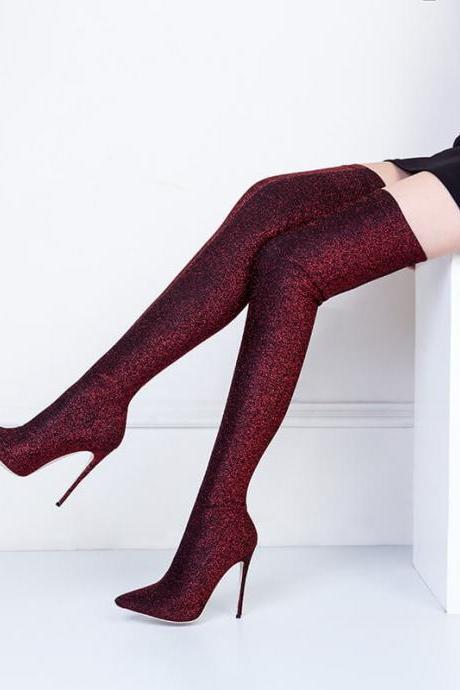 Sexy Sequin Stretch Point Toe High Heel Thigh High Boots