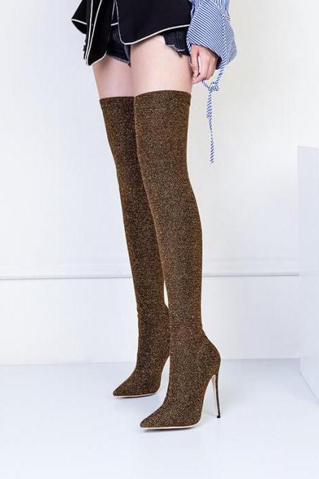 Sequin Stretch Point Toe High Heel Thigh High Boots
