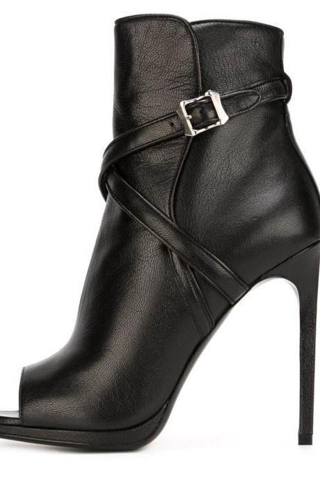 Black Leather Peep Toe Buckle High Heel Sandals