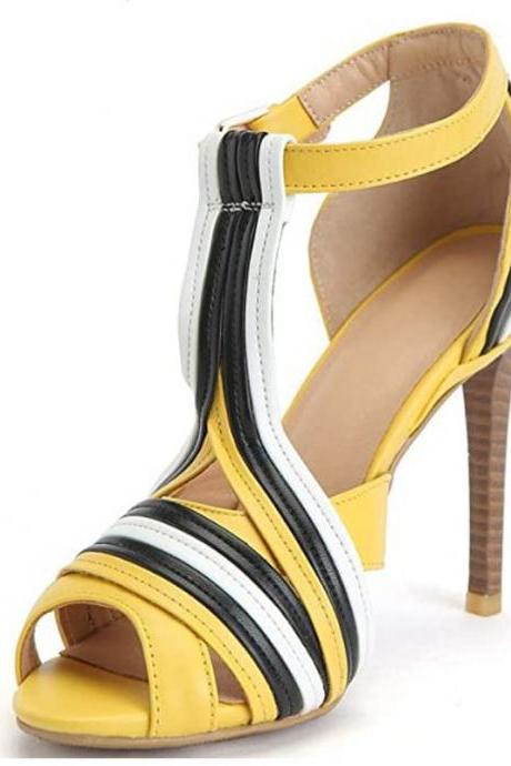 Summer Color Block Pu Yellow Open Toe High Heel Sandals