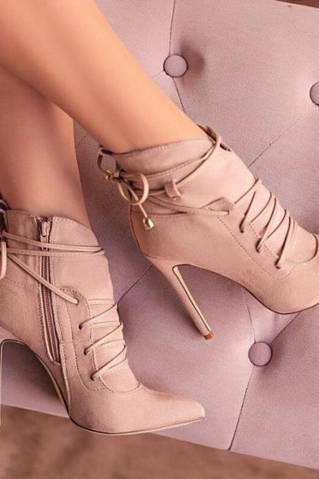 Pink Suede Strap Point Toe High Heel Ankle Boots