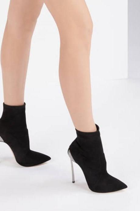 Black Suede Patchwork Point Toe High Heel Calf Boots