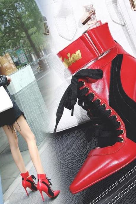 Leather Strap Pointed Toe Letter Print High Heels