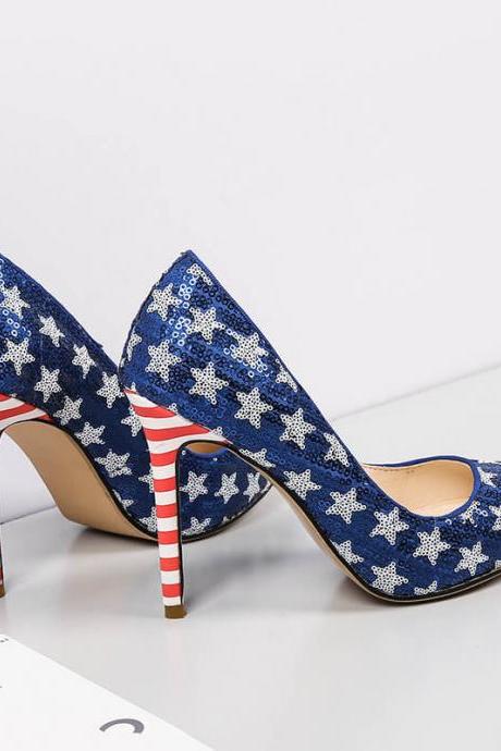 Blue Sequin Leather Stripes Pointed Toe Stiletto Heel Pumps