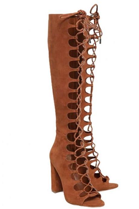 Brown Suede Cutout Zipper Open Toe Knee High Boots