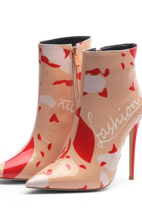 Sexy Pink Print Leather Pointed Toe High Heel Ankle Boots