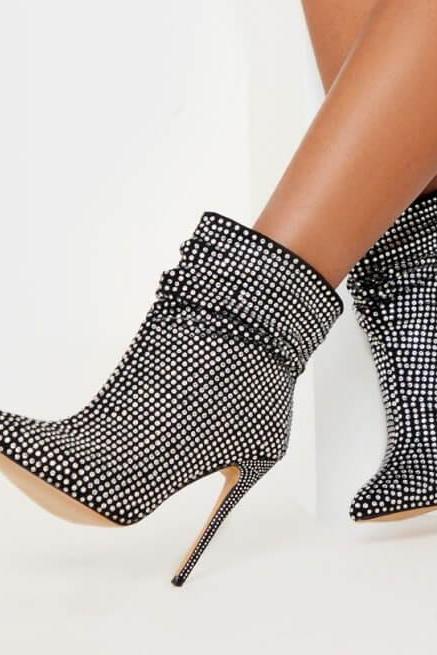 Black Rhinestone Pointed Toe Ankle Boots（sh22121501）