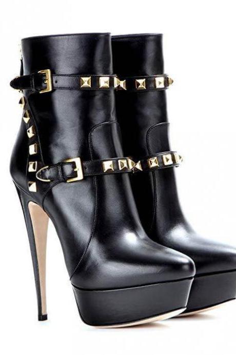 Black Leather Platform Buckle Rivet High Heel Boots