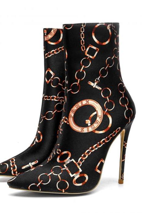 Fashion Black Chain Print Pointed Toe High Heel Ankle Boots