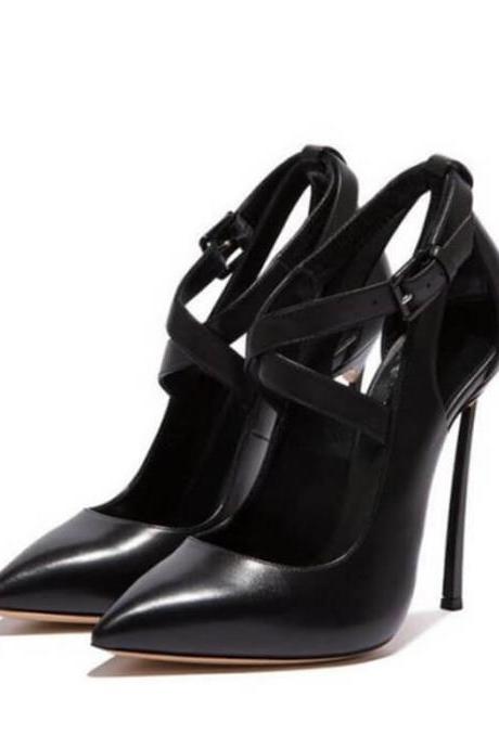 Black Leather Cutout Pointed Toe Stiletto Heel Pumps