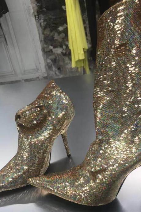 Party Gold Sequin Pointed Toe High Heel Calf Boots