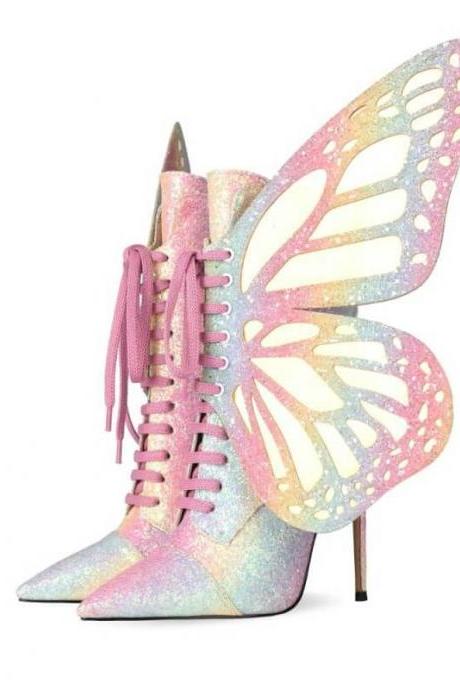 Party Sequin Butterfly Pointed Toe High Heel Calf Boots