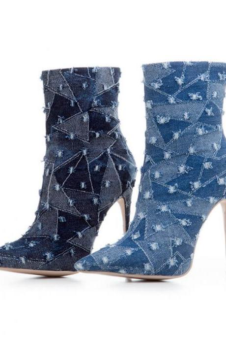 Blue Denim Ripped Pointed Toe High Heel Calf Boots
