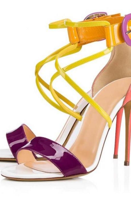 Leather Open Toe Candy Color High Heel Sandals