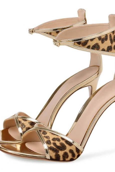Summer Leopard Open Toe Leather Stiletto Heel Sandals