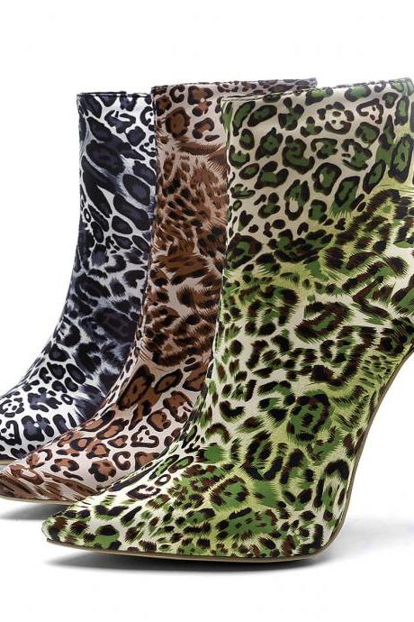 Leopard Zipper Pointed Toe High Heel Calf Boots