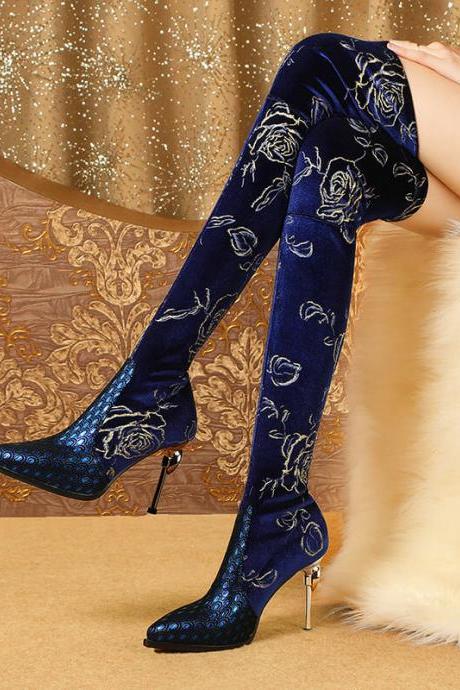 Suede Embroidery Pointed Toe High Heel Over Knee Boots