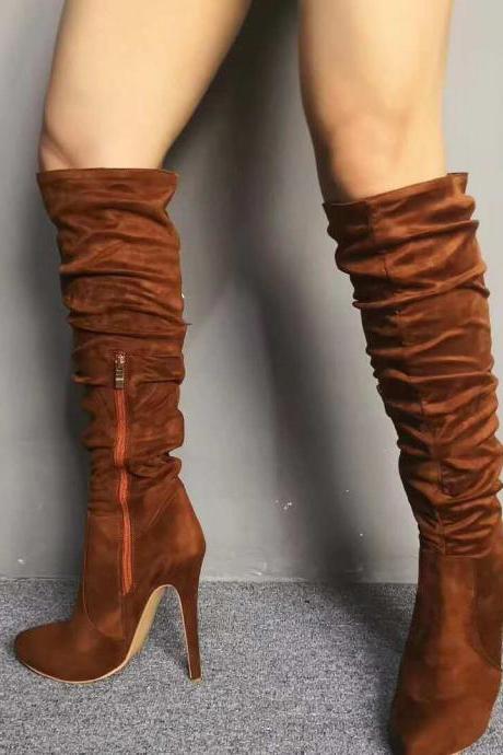 Suede Brown Ruched High Heel Knee High Boots