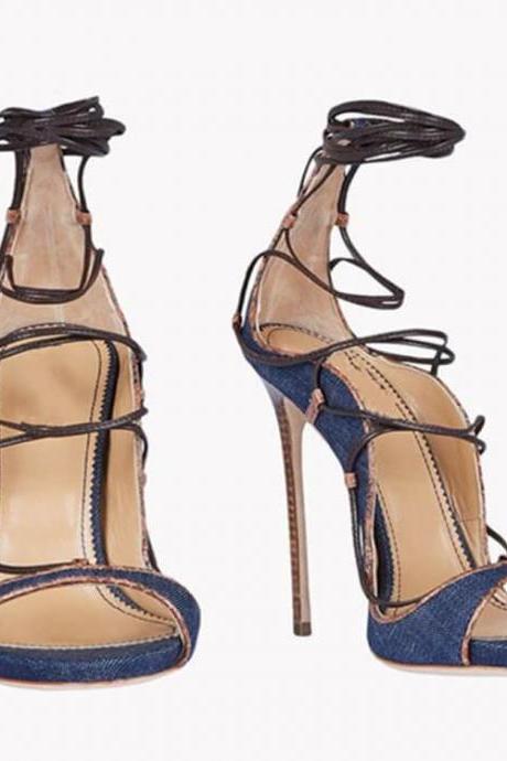 Fashion Open Toe Denim Strap High Heel Sandals