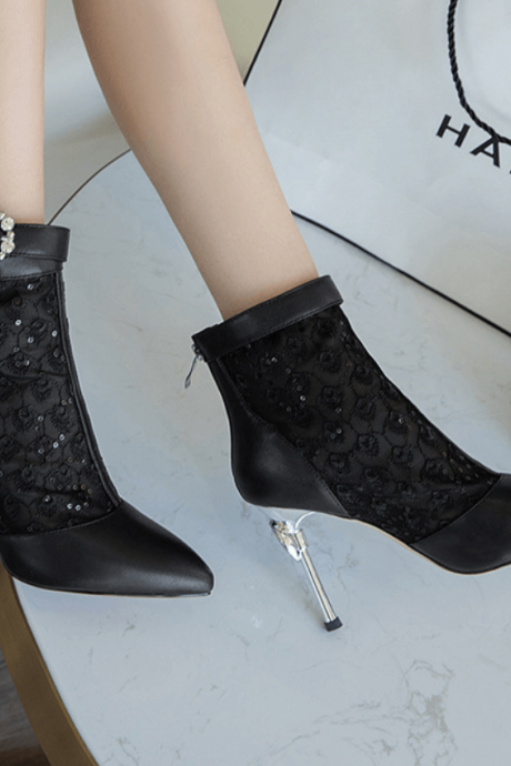 Sexy PU Mesh Patchwork Pointed Toe High Heel Ankle Boots