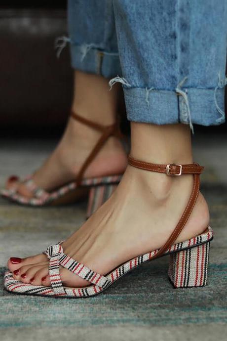 Summer Open Toe Stripes Chunky Heel Sandals