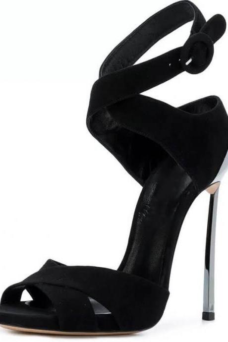 Summer Black Suede Plain Cutout High Heel Sandals