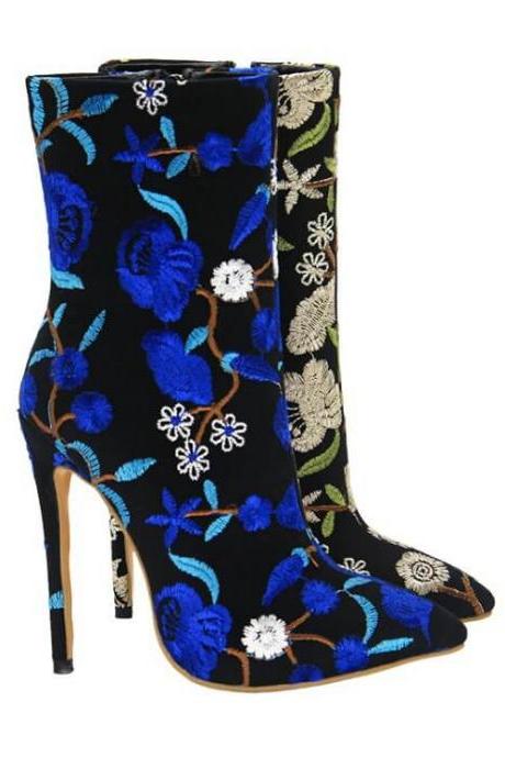 Flower Embroidery Pointed Toe High Heel Calf Boots