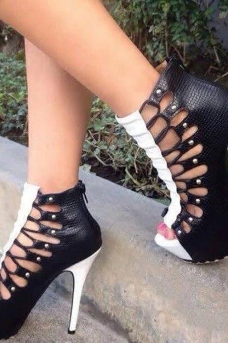 Leather Platform Peep Toe Zipper High Heel Sandals