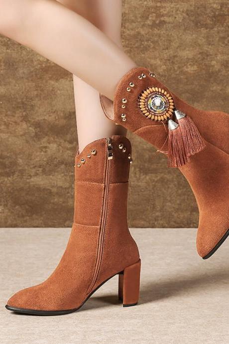 Winter Brown Suede Fringe Chunky Heel Calf Boots
