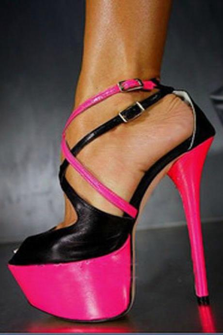 Leather Peep Toe Platform Color Block High Heel Sandals