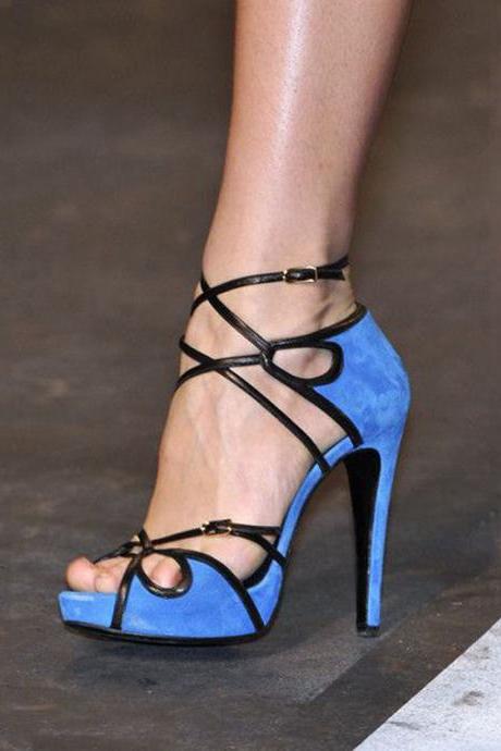 Blue Suede Peep Toe Bule Cutout High Heel Sandals