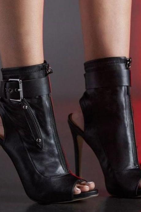 Casual Leather Buckle Peep Toe Zipper High Heel Boots