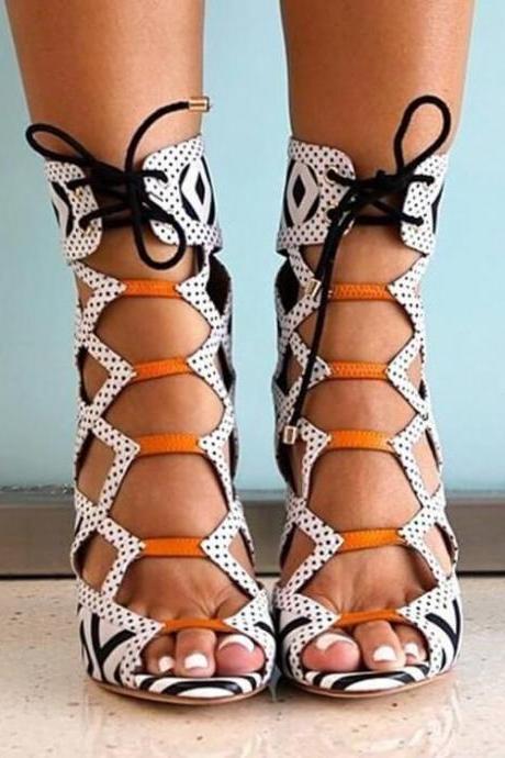 Sexy Peep Toe Cutout Strap Dot Print High Heel Sandals