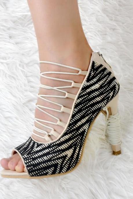 Leather Peep Toe Strap Stripes High Heel Sandals