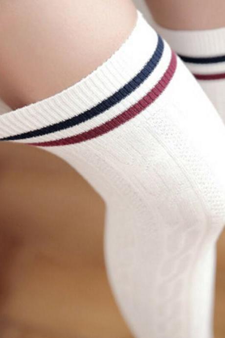 Women&amp;amp;#039;s Top Sexy Sweet Solid Color Knit Cotton Breathable Over The Knee Long Striped Thigh High Stocking High Elastic Underwear