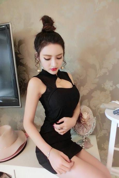 Sexy Black Stand Collart Hollow Out Mini Bodycon Dresses