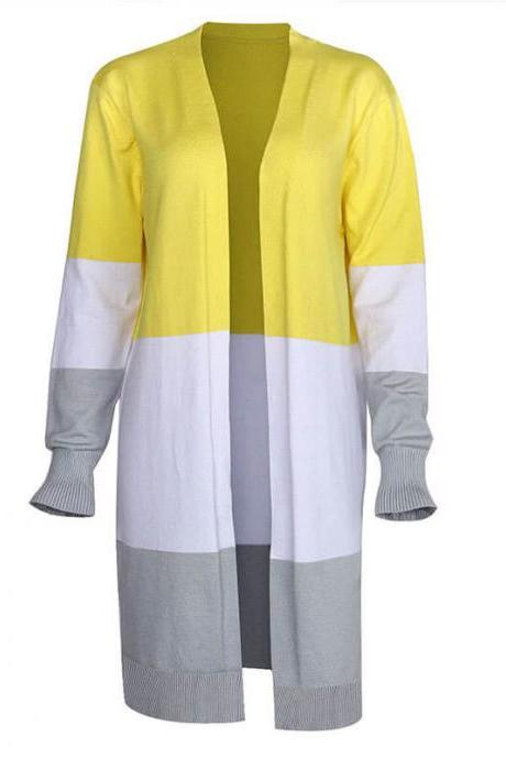 Yellow Colorblock Open Front Knitted Long Cardigan