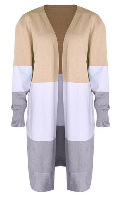 Beige Colorblock Open Front Knitted Long Cardigan