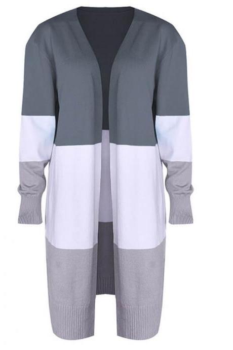 Gray Colorblock Open Front Knitted Long Cardigan
