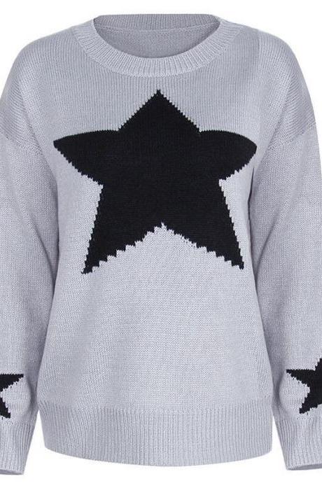 Gray Star Pattern Knitted Sweater
