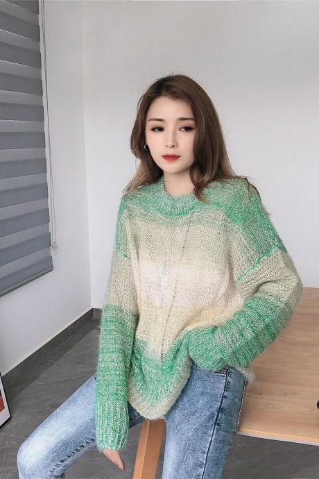 Green Striped Loose Sweater