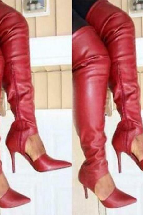 Party Red Pu Pointed Toe Cutout Over Knee Boots