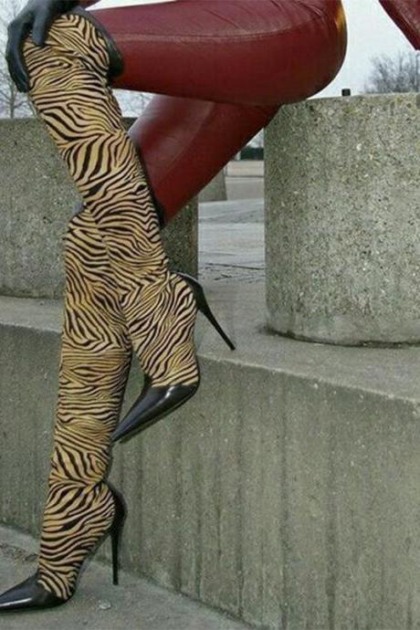 Party Zebra Pointed Toe Over Knee Boots