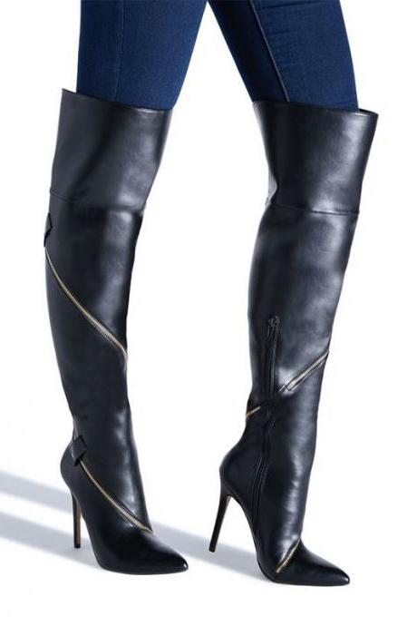 Sexy Black Pu Zipper High Heel Over Knee Boots